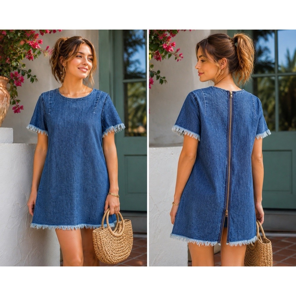 Pistola Anthropologie Shift Denim Dress S Frayed Hem Raw Edge Zip Back Blue